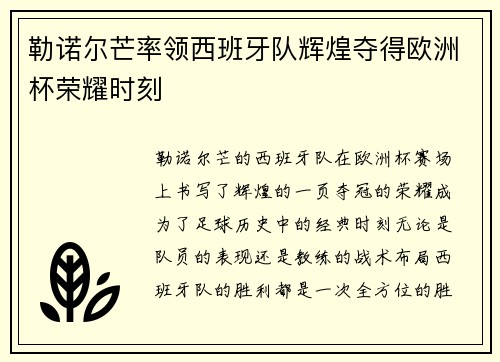 勒诺尔芒率领西班牙队辉煌夺得欧洲杯荣耀时刻